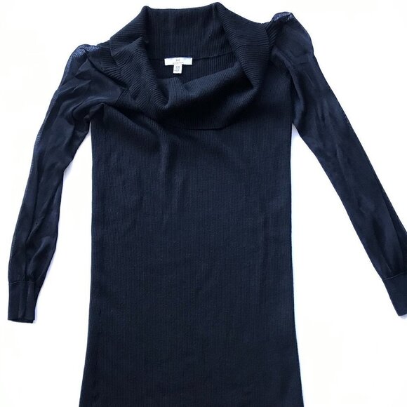 H by HALSTON LBD, black stretchy knit dress, cowl neck, mesh sleeves, sz M - Picture 9 of 14